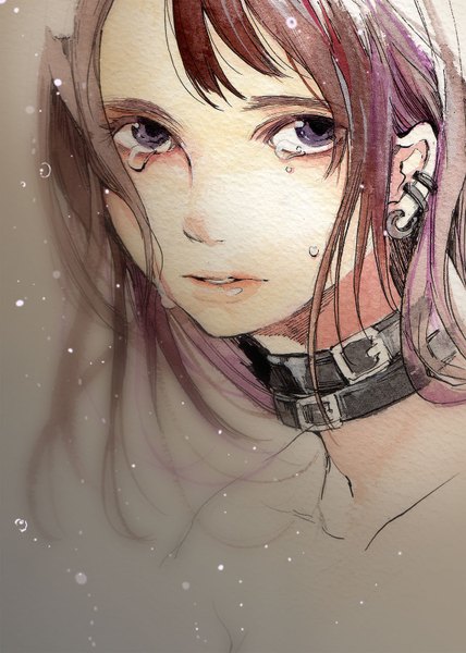 Anime picture 1070x1500 with original chachie single long hair tall image highres purple eyes purple hair crying traditional media watercolor (medium) girl earrings collar