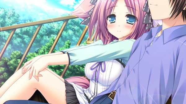 Anime picture 1280x720 with sekai to sekai no mannaka de akane haruka moekibara fumitake blush short hair blue eyes black hair wide image sitting animal ears pink hair game cg couple girl dress boy