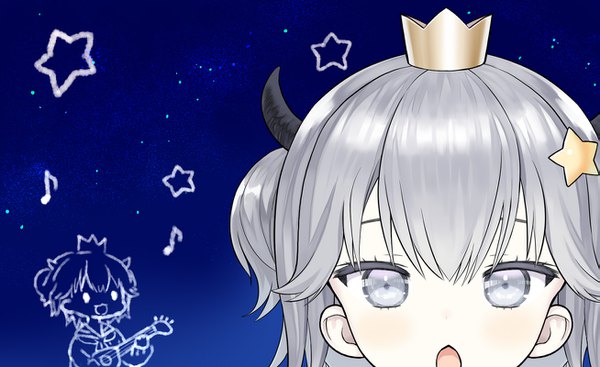 Anime picture 1307x800 with original kapu rinko capriccio single looking at viewer blush fringe short hair open mouth hair between eyes wide image silver hair horn (horns) night :o loli two side up night sky face silver eyes