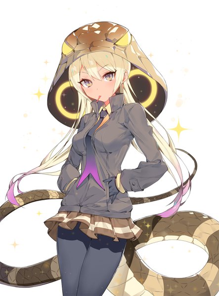 Anime-Bild 1000x1352 mit kemono friends king cobra (kemono friends) ronopu single long hair tall image looking at viewer fringe simple background blonde hair hair between eyes white background brown eyes tail gradient hair :p expressionless hands in pockets snake tail girl