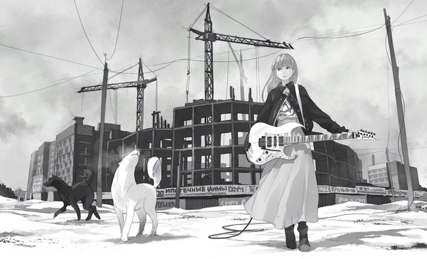 Anime picture 1540x935 with original pomodorosa single long hair looking at viewer fringe smile wide image standing looking away sky open jacket shadow monochrome exhalation walking running product placement girl skirt