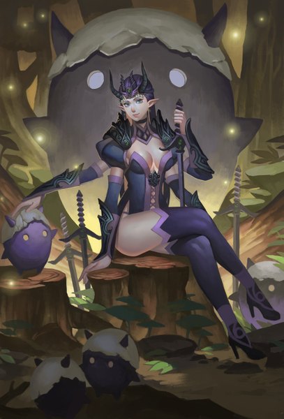 Anime picture 4379x6451 with original kalata single long hair tall image looking at viewer highres breasts light erotic sitting green eyes absurdres purple hair horn (horns) lips pointy ears crossed legs girl weapon earrings