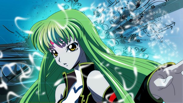 Anime picture 1920x1080 with code geass sunrise (studio) c.c. single long hair fringe highres wide image bare shoulders yellow eyes long sleeves green hair vector grey skin girl uniform detached sleeves