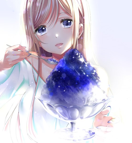 Anime picture 1662x1800 with original yache single long hair tall image looking at viewer blush fringe open mouth blue eyes simple background blonde hair hair between eyes holding payot upper body nail polish head tilt fingernails off shoulder