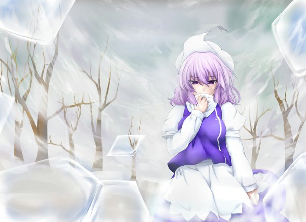 Anime picture 1140x827 with touhou letty whiterock pnoji (artist) short hair purple eyes purple hair girl plant (plants) hat tree (trees) ice