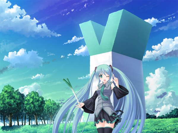 Anime picture 1400x1050 with vocaloid hatsune miku kageira long hair open mouth sky cloud (clouds) very long hair one eye closed wink girl plant (plants) tree (trees) leek