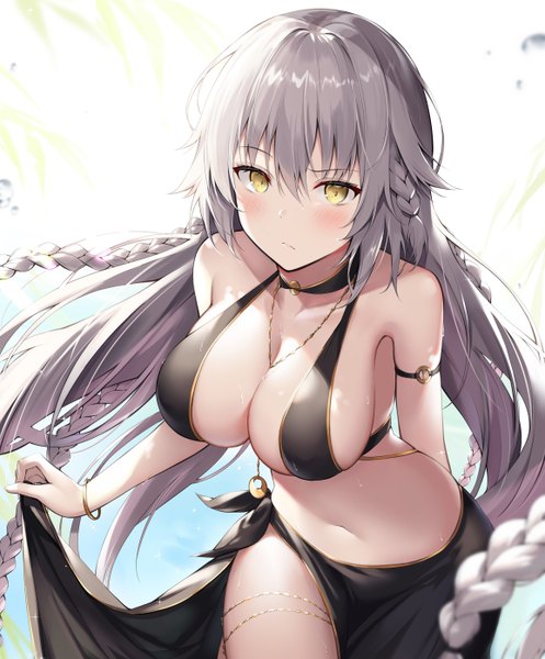 Anime picture 2312x2791 with fate (series) fate/grand order jeanne d'arc (fate) (all) jeanne d'arc alter (fate) ale nqki single long hair tall image looking at viewer blush fringe highres breasts light erotic simple background hair between eyes large breasts standing bare shoulders yellow eyes