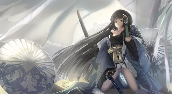 Anime picture 2200x1204 with original kikivi single long hair looking at viewer highres black hair wide image brown eyes traditional clothes japanese clothes girl weapon sword kimono katana umbrella oriental umbrella