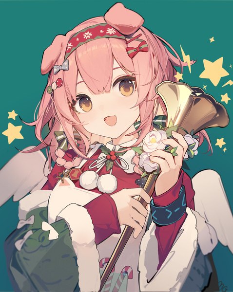 Anime picture 1000x1255 with arknights goldenglow (arknights) goldenglow (night loving servant) (arknights) mongarit single tall image looking at viewer fringe short hair open mouth simple background hair between eyes animal ears yellow eyes pink hair upper body :d cat ears christmas green background