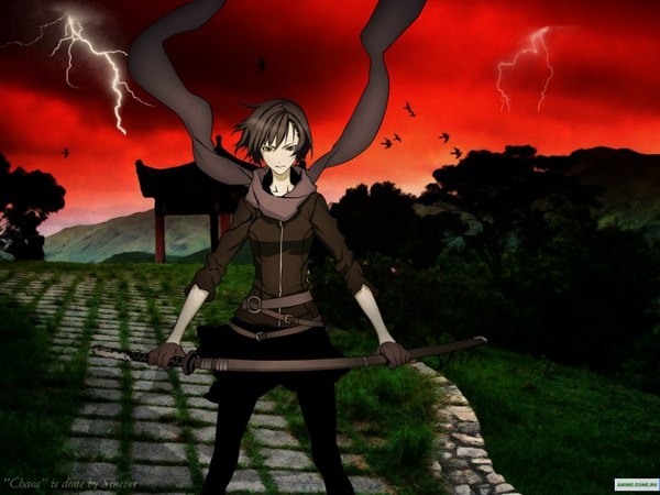 Anime picture 1600x1200 with dogs: bullets & carnage david production fuyumine naoto single short hair black hair sky lightning red sky girl gloves weapon plant (plants) sword scarf katana grass