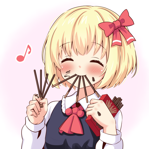 Anime picture 2508x2508 with touhou rumia hikuchi riku single blush highres short hair simple background blonde hair holding upper body eyes closed mouth hold pink background ^ ^ valentine food in mouth chocolate on face girl bow