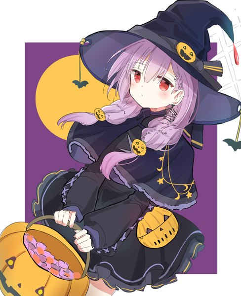 Anime picture 3026x3720 with blue archive atsuko (blue archive) unli free single long hair tall image looking at viewer fringe highres hair between eyes red eyes twintails absurdres purple hair low twintails border halloween outside border girl hat