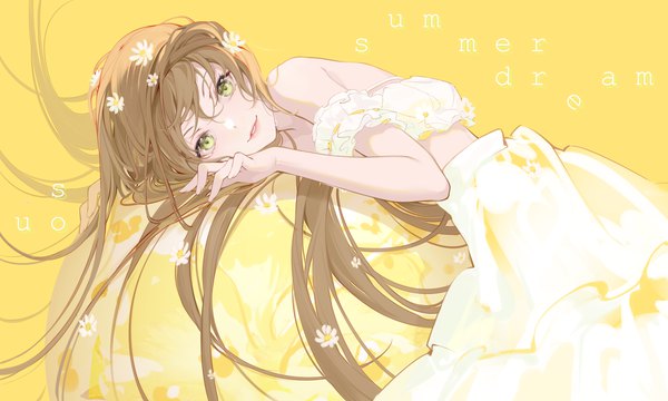 Anime picture 5000x3000 with original uosaasou single long hair looking at viewer fringe highres simple background smile hair between eyes brown hair wide image green eyes absurdres lying parted lips hair flower text on stomach english