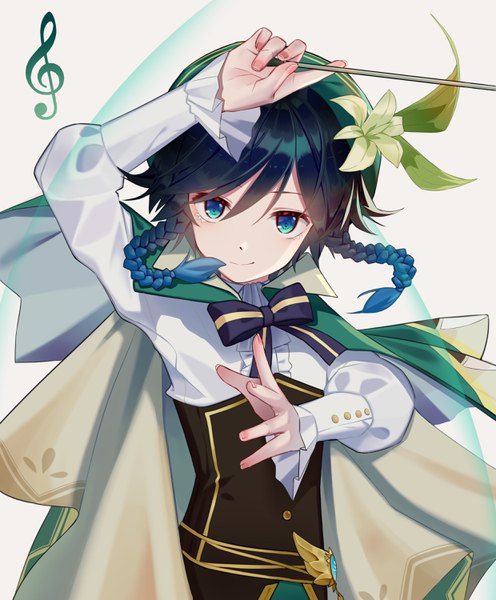 Anime picture 2480x2999 with genshin impact venti (genshin impact) syouko jiaozijun single tall image looking at viewer highres short hair blue eyes black hair simple background smile white background upper body braid (braids) arm up twin braids gradient hair treble clef boy