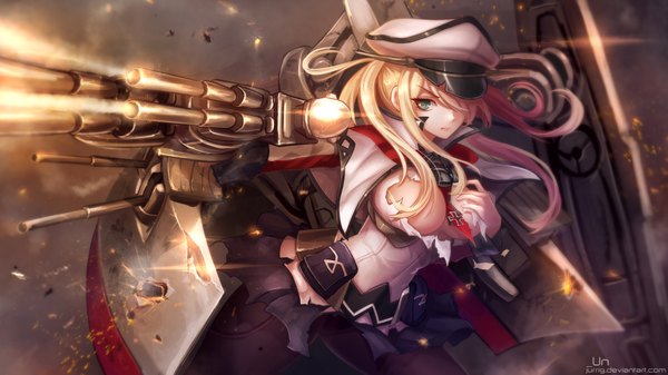 Anime picture 4000x2250 with kantai collection graf zeppelin (kantai collection) jurrig single long hair looking at viewer highres breasts blue eyes light erotic blonde hair wide image absurdres torn clothes girl weapon gun peaked cap
