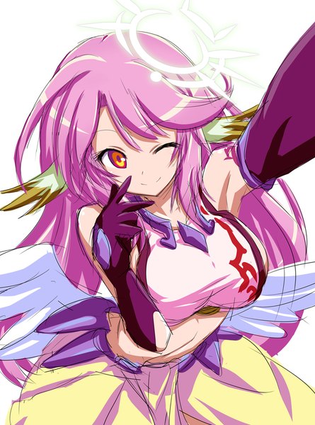 Anime picture 742x1000 with no game no life madhouse jibril (no game no life) shirosame (artist) single long hair tall image looking at viewer fringe breasts light erotic simple background smile large breasts white background bare shoulders animal ears payot pink hair pink eyes