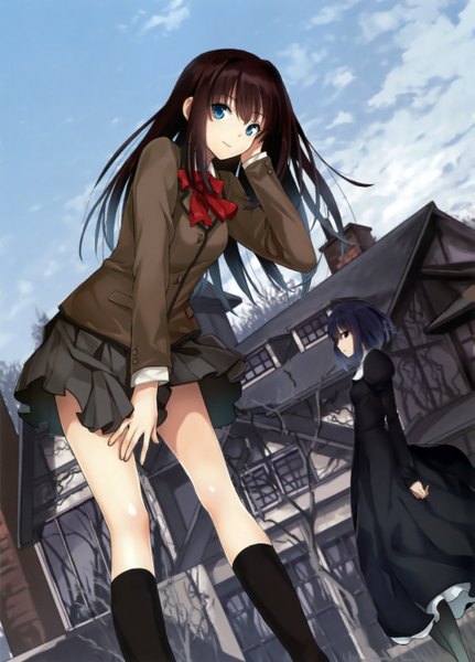 Anime picture 1918x2672 with mahou tsukai no yoru aozaki aoko kuonji alice saitom long hair tall image looking at viewer fringe highres short hair brown hair standing multiple girls blue hair sky purple hair cloud (clouds) profile pleated skirt multicolored hair