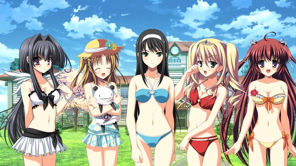 Anime picture 1024x576 with uni. special limited edition (game) long hair blush open mouth black hair blonde hair brown hair wide image purple eyes multiple girls green eyes game cg red hair girl swimsuit bikini 5 girls