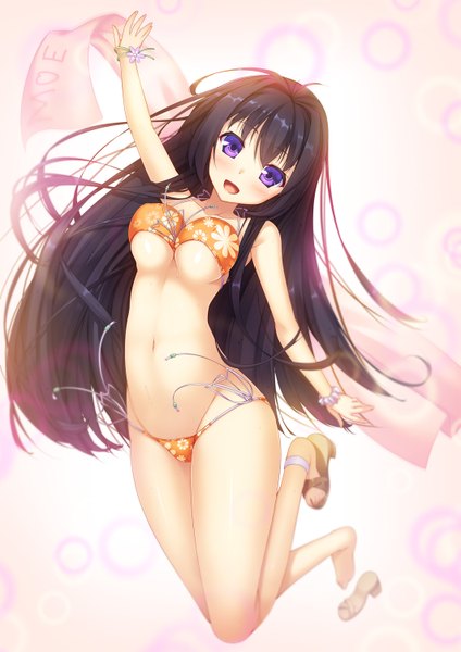 Anime picture 1061x1500 with original ayatudura single long hair tall image looking at viewer blush breasts open mouth light erotic black hair white background purple eyes full body groin jumping girl navel swimsuit bikini