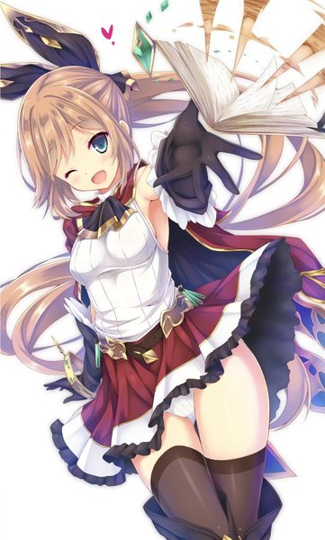 Anime picture 650x1078 with granblue fantasy clarisse (granblue fantasy) ryo (botugo) single tall image looking at viewer blush fringe open mouth light erotic blonde hair white background ponytail very long hair pleated skirt one eye closed aqua eyes wind wink no bra