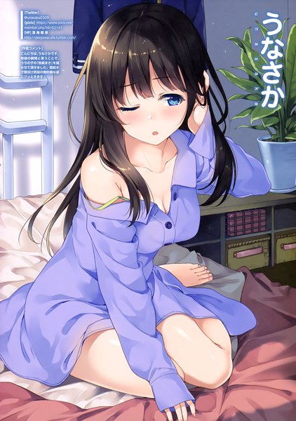 Anime picture 2887x4100 with original unasaka ryou single long hair tall image blush fringe highres breasts open mouth blue eyes light erotic black hair sitting signed looking away cleavage full body indoors barefoot