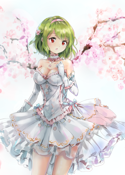Anime picture 699x978 with touhou kazami yuuka shironeko yuuki single tall image looking at viewer fringe breasts red eyes standing white background bare shoulders parted lips green hair alternate costume floral print girl dress gloves flower (flowers)