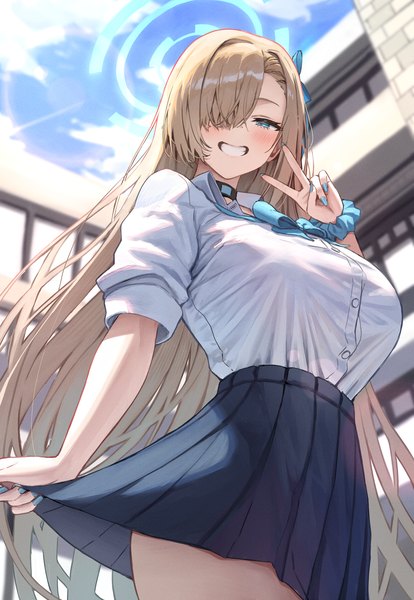 Anime picture 1200x1739 with blue archive asuna (blue archive) superpig (wlstjqdla) single long hair tall image looking at viewer blush fringe breasts blue eyes blonde hair smile standing sky cloud (clouds) outdoors nail polish fingernails hair over one eye