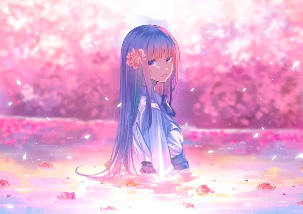 Anime picture 1754x1240 with original furai (furai127) single long hair looking at viewer fringe highres payot pink hair purple hair upper body outdoors parted lips multicolored hair hair flower blurry depth of field lipstick partially submerged turning head