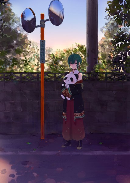 Anime picture 1458x2048 with virtual youtuber nijisanji ryuushen iei000 single tall image fringe short hair hair between eyes standing purple eyes full body ahoge outdoors traditional clothes aqua hair chinese clothes androgynous plant (plants) tree (trees)