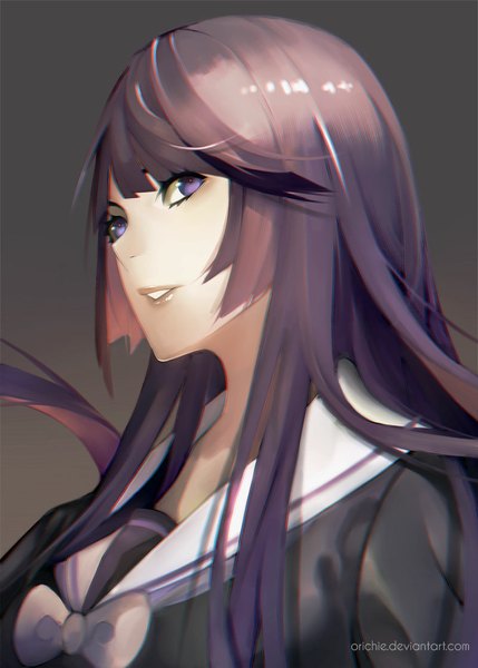 Anime picture 800x1118 with persona92 (orichie) single long hair tall image fringe purple eyes looking away purple hair blunt bangs light smile lips hime cut girl uniform bow serafuku bowtie