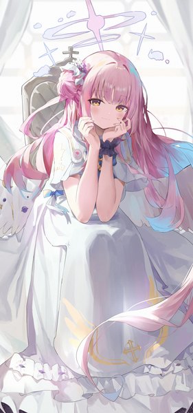 Anime picture 1905x4064 with blue archive mika (blue archive) jsscj single tall image looking at viewer highres smile sitting yellow eyes pink hair very long hair hair bun (hair buns) head rest girl dress white dress halo
