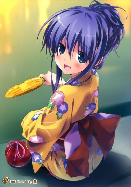 Anime picture 2524x3600 with girls, girls, girls! 11 (artbook) sakana single long hair tall image looking at viewer blush highres open mouth blue eyes blue hair traditional clothes japanese clothes scan official art girl flower (flowers) kimono obi morning glory