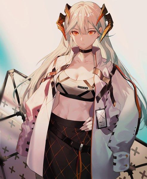 Anime picture 1019x1239 with arknights saria (arknights) salmon88 single long hair tall image looking at viewer fringe breasts simple background blonde hair hair between eyes standing payot cleavage horn (horns) open jacket midriff orange eyes hand on hip