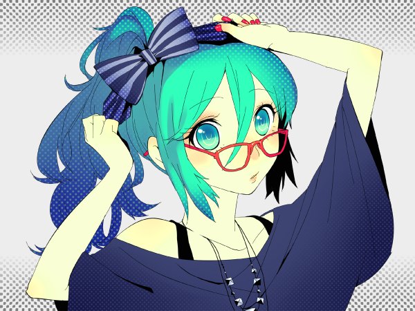 Anime picture 1200x900 with vocaloid hatsune miku single long hair ponytail nail polish aqua eyes aqua hair striped girl bow hair bow glasses