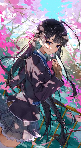 Anime picture 1000x1816 with virtual youtuber nijisanji tsukino mito misekiss single long hair tall image blush fringe black hair smile purple eyes holding ahoge outdoors blunt bangs long sleeves cherry blossoms sleeves past wrists girl