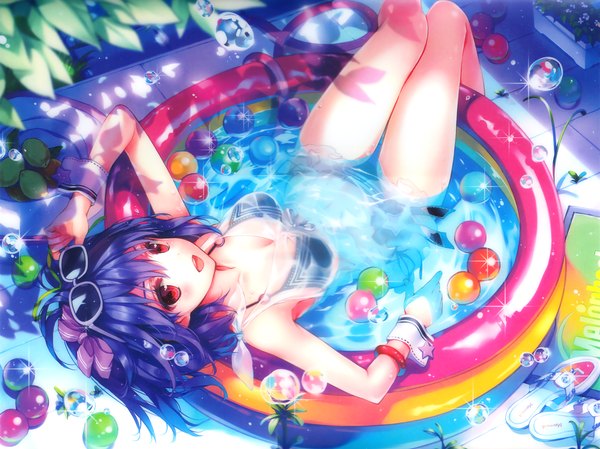 Anime picture 4260x3194 with melonbooks black lemon-chan kuroya shinobu single looking at viewer blush highres short hair open mouth light erotic red eyes sitting absurdres purple hair scan shadow sunglasses on head girl ribbon (ribbons) swimsuit
