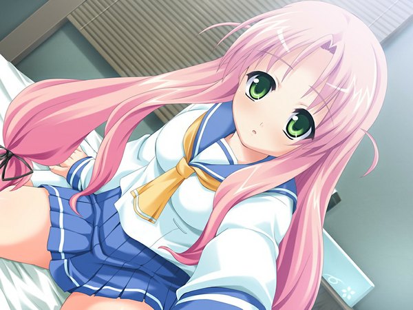 Anime picture 1024x768 with prawf clwyd suzuki hanako long hair green eyes pink hair game cg girl serafuku