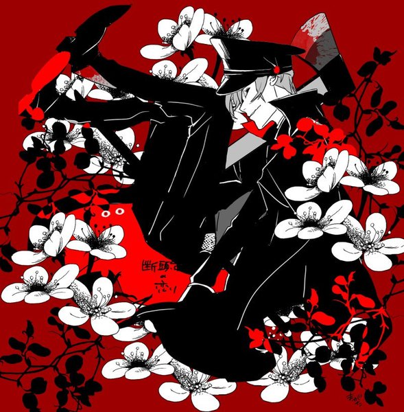 Anime picture 800x815 with original seto (magatan) magatan single tall image looking at viewer short hair signed full body profile grey hair black eyes red background high contrast boy flower (flowers) weapon cape peaked cap axe