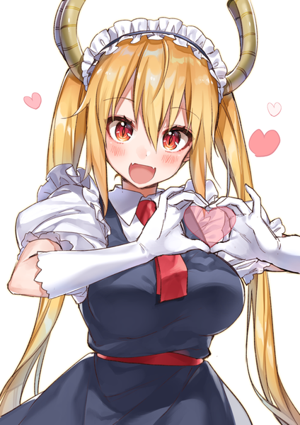 Anime picture 800x1131 with kobayashi-san chi no maidragon kyoto animation tooru (maidragon) shirako miso single long hair tall image blush fringe open mouth simple background blonde hair hair between eyes red eyes white background twintails upper body horn (horns) maid slit pupils