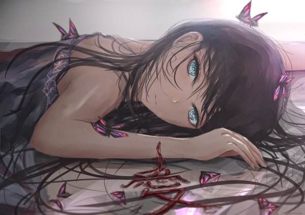 Anime picture 4960x3496 with original kayjae single long hair looking at viewer fringe highres black hair simple background hair between eyes bare shoulders absurdres upper body lying aqua eyes grey background hieroglyph on stomach butterfly on hand girl