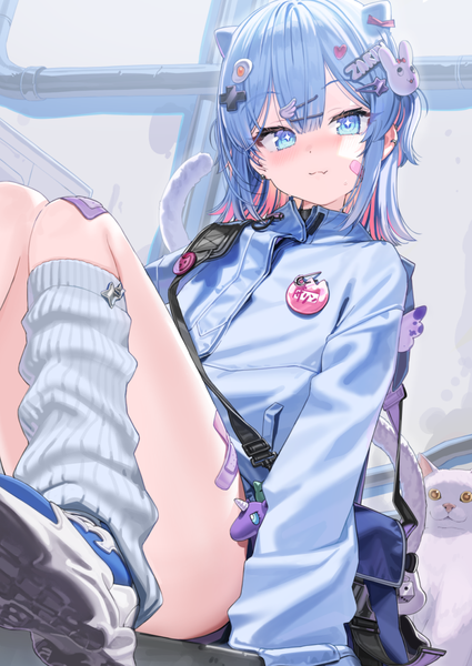 Anime picture 794x1122 with virtual youtuber indie virtual youtuber kanzarin (vtuber) kanzarin (hoochikiss) single tall image looking at viewer blush fringe short hair blue eyes hair between eyes sitting animal ears blue hair tail animal tail cat ears cat tail symbol-shaped pupils