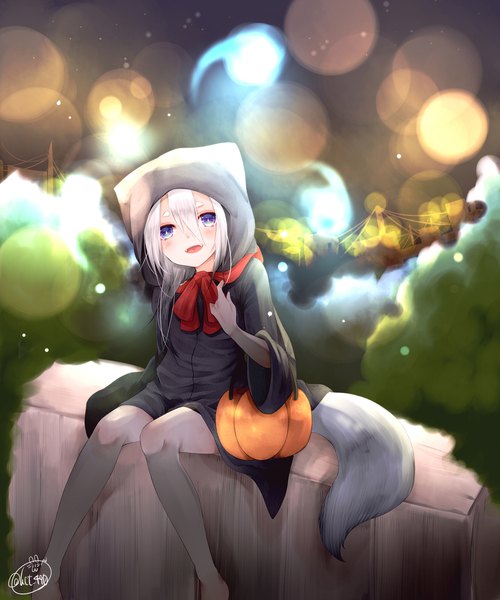 Anime picture 1666x2000 with original chita (ketchup) single long hair tall image blush fringe open mouth blue eyes smile hair between eyes sitting signed tail head tilt :d animal tail grey hair blurry wide sleeves