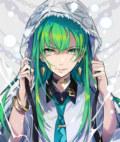 Anime picture 858x1014 with fate (series) fate/grand order fate/strange fake enkidu (fate) pokimari single long hair tall image looking at viewer fringe simple background hair between eyes green eyes upper body parted lips green hair androgynous adjusting hood earrings shirt