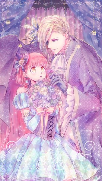 Anime picture 589x1045 with uta no prince-sama a-1 pictures nanami haruka (uta no prince-sama) camus john luke long hair tall image blush short hair blonde hair standing yellow eyes pink hair light smile leaning embarrassed leaning forward couple looking down looking up