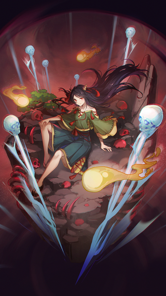 Anime-Bild 1080x1920 mit touhou unfinished dream of all living ghost nippaku zanmu kyusoukyu single long hair tall image black hair red eyes sitting full body horn (horns) from above arm support hand on knee girl tassel skull