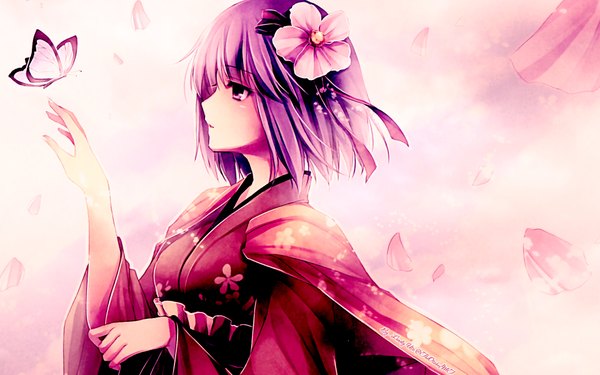 Anime picture 1920x1200 with touhou hieda no akyuu hagiwara rin highres wide image purple eyes purple hair japanese clothes hair flower scenic girl hair ornament petals kimono insect butterfly