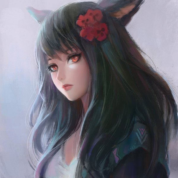 Anime picture 1200x1200 with final fantasy final fantasy xiv square enix chaosringen single long hair fringe black hair simple background red eyes animal ears looking away hair flower lips realistic grey background portrait slit pupils girl flower (flowers)