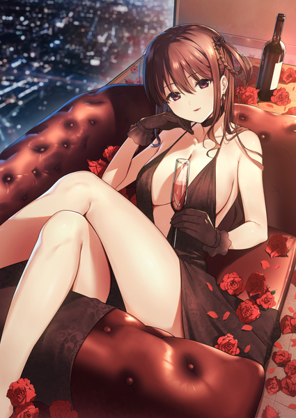 Anime picture 724x1023 with 22/7 a-1 pictures tachikawa ayaka nagareboshi single long hair tall image looking at viewer blush fringe open mouth light erotic hair between eyes brown hair bare shoulders holding brown eyes indoors head tilt from above