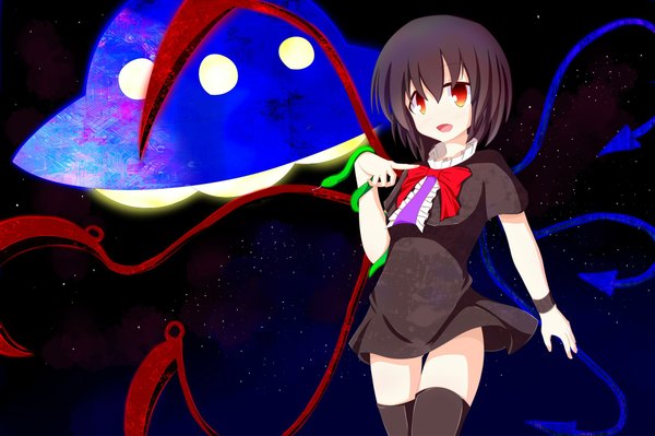 Anime picture 2000x1333 with touhou houjuu nue single looking at viewer highres short hair open mouth black hair red eyes girl thighhighs black thighhighs wings bowtie wristlet snake spacecraft ufo flying saucer