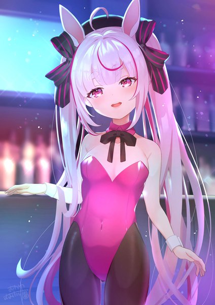 Anime picture 900x1273 with virtual youtuber tomari mari channel tomari mari okanoyuno single tall image looking at viewer open mouth light erotic animal ears cleavage silver hair ahoge indoors very long hair head tilt :d pink eyes multicolored hair blurry